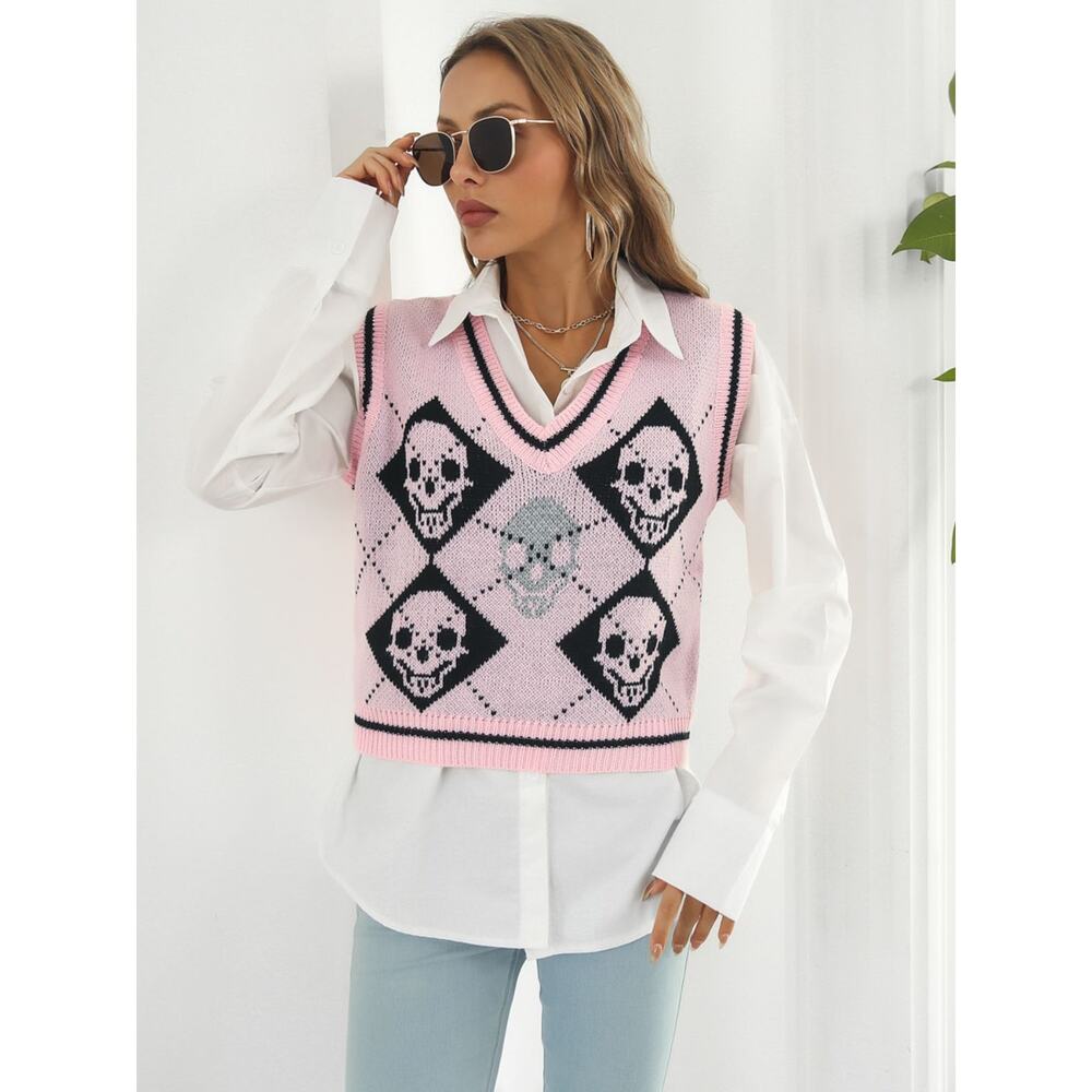 Copied - Skull Contrast V-Neck Sweater Vest